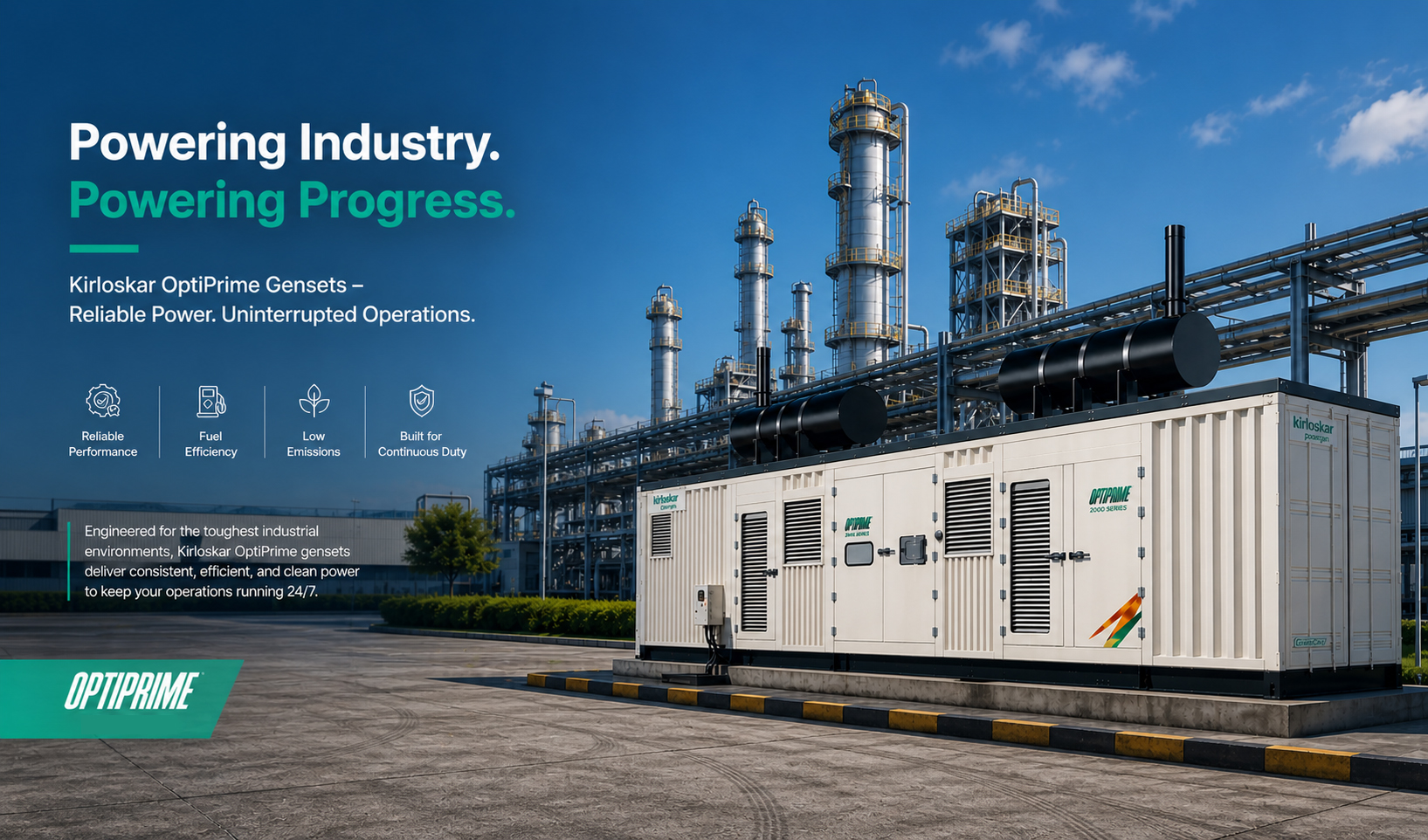 Kirloskar Optiprime Genset are a hybrid technology with dual engines in Optiprime 117 kVA, Optiprime 400 kVA, Optiprime 500 kVA, Optiprime 640 kVA, Optiprime 1000 kVA, Optiprime 1500 kVA and Optiprime 2020 kVA power range.